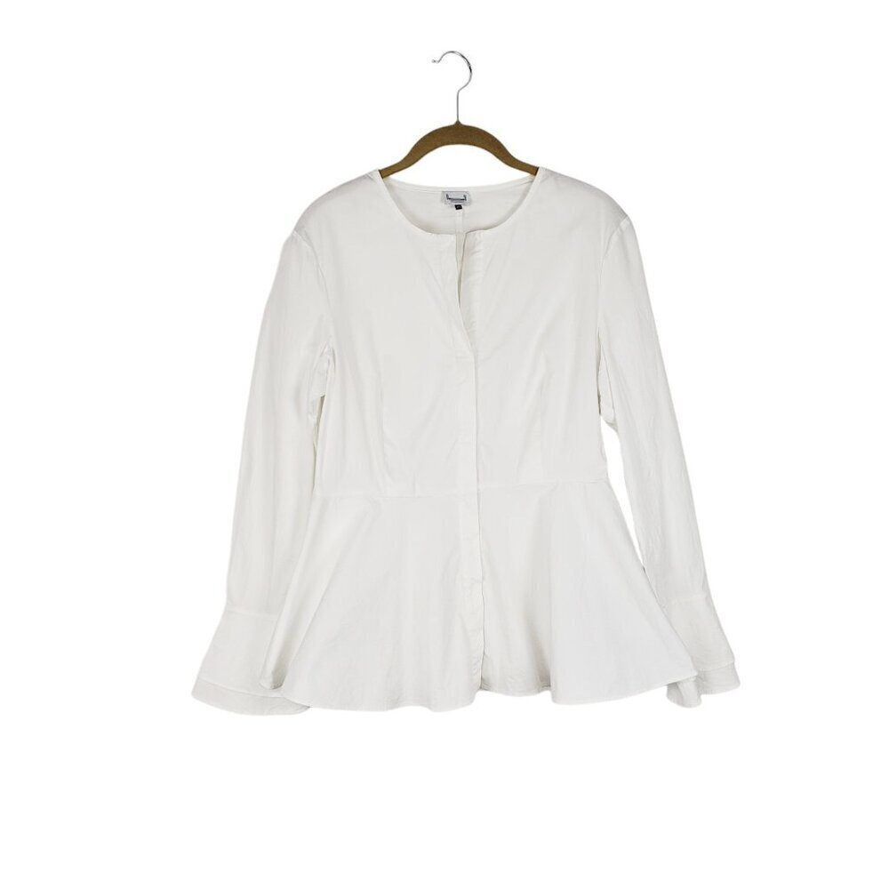 Adolfo Dominguez Button Up Fitted Top Long Sleeve White Peplum Size 42 US 8
